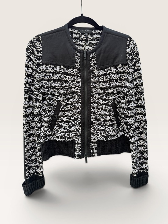 rag & bone Jackets & Blazers - Rag & Bone Leather Trim Knit Jacket Zip Cardigan Black White Cropped Size S